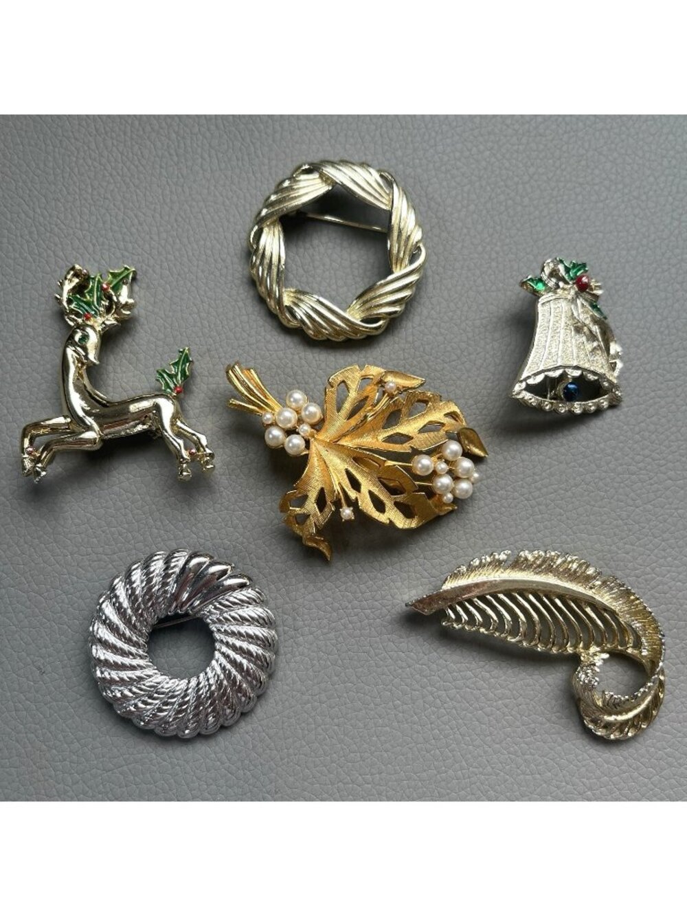 Vintage Brooch Lot Coro Monet Rhinestone Faux Pearl Leaf Christmas